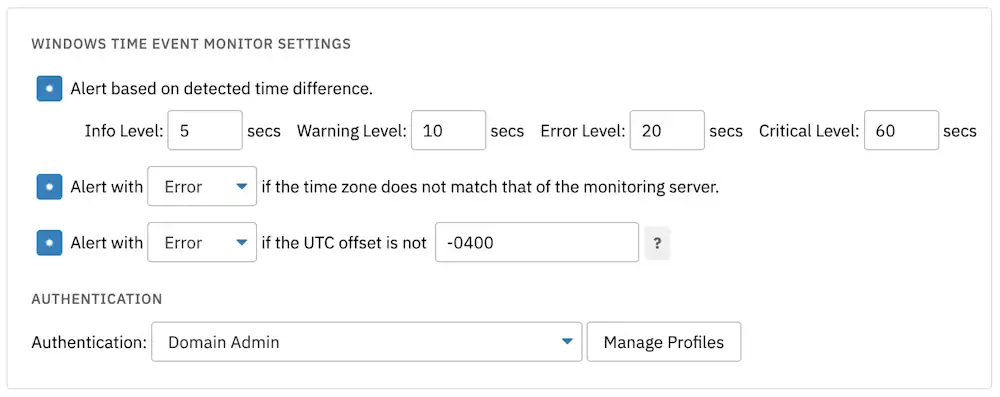 Screenshot of settings from FrameFlow's Windows Time Event Monitor
