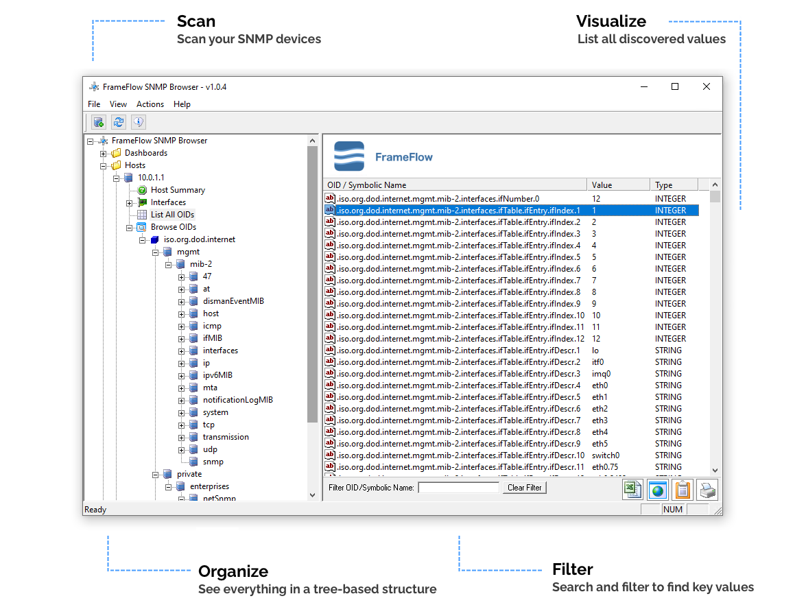 FrameFlow SNMP Browser's interface, which can scan your SNMP devices and list all discovered values in a tree-based structure. From there, you can search and filter discovered values.
